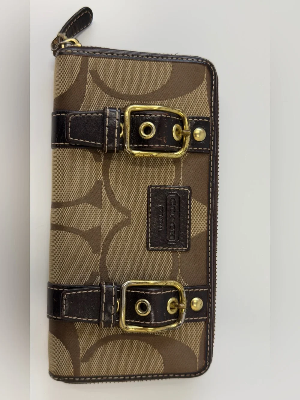 Coach Brown Signature Canvas Wallet with Dark Brown Leather and Gold Hardware